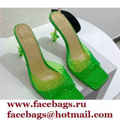 Mach & Mach Star Heel 8.5cm Crystal Embellished Mules PVC Green 2022 - Click Image to Close